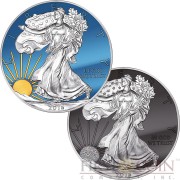 USA SUN & MOON AMERICAN SILVER EAGLE WALKING LIBERTY $2 Two Silver Coin set 2016 Black Ruthenium Diamond dust Gold plated Chromite Color 2 oz